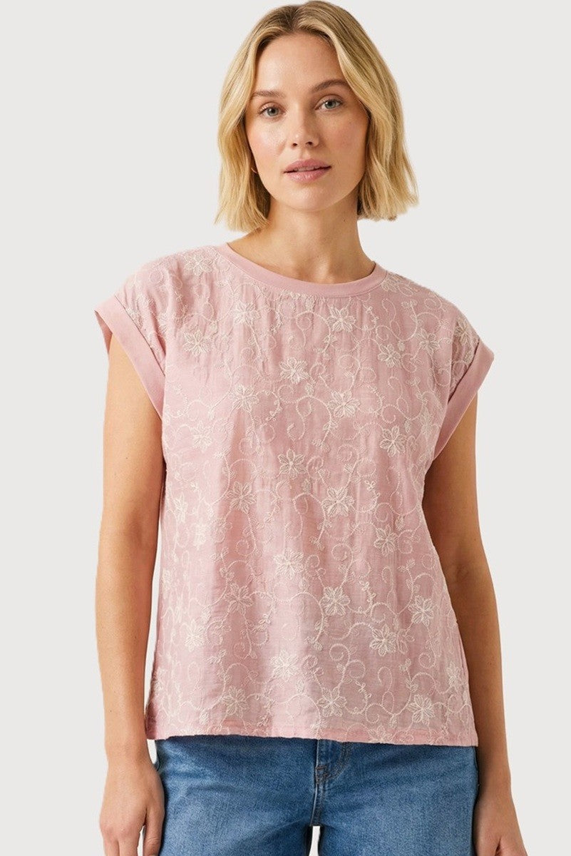 Crew Neck Floral Embroidered Top