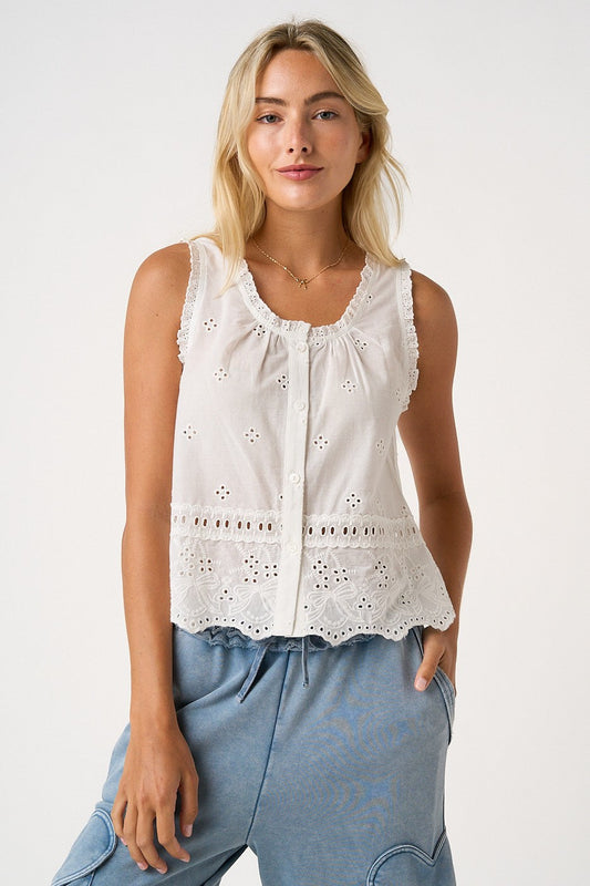 Embroidered Eyelet Button Front Tank Top