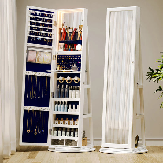 🪞360° Rotating LED Lockable Jewelry Cabinet, Modern Wood Mirror Organizer