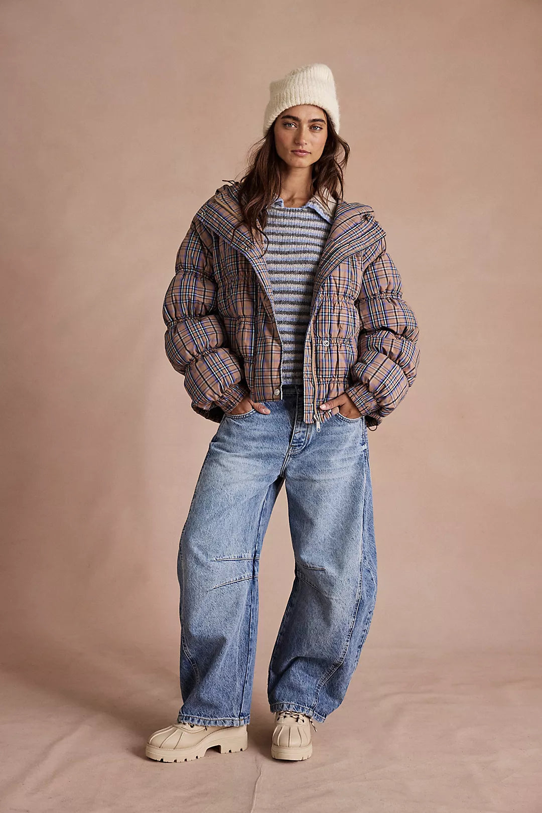 Party Of One Puffer Jacket - Tan Combo FREE PEOPLE