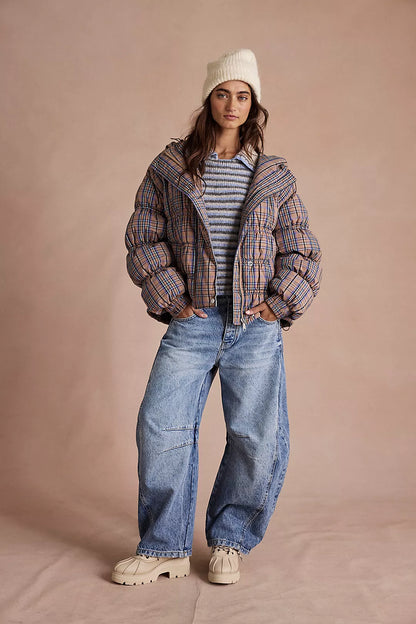 Party Of One Puffer Jacket - Tan Combo FREE PEOPLE
