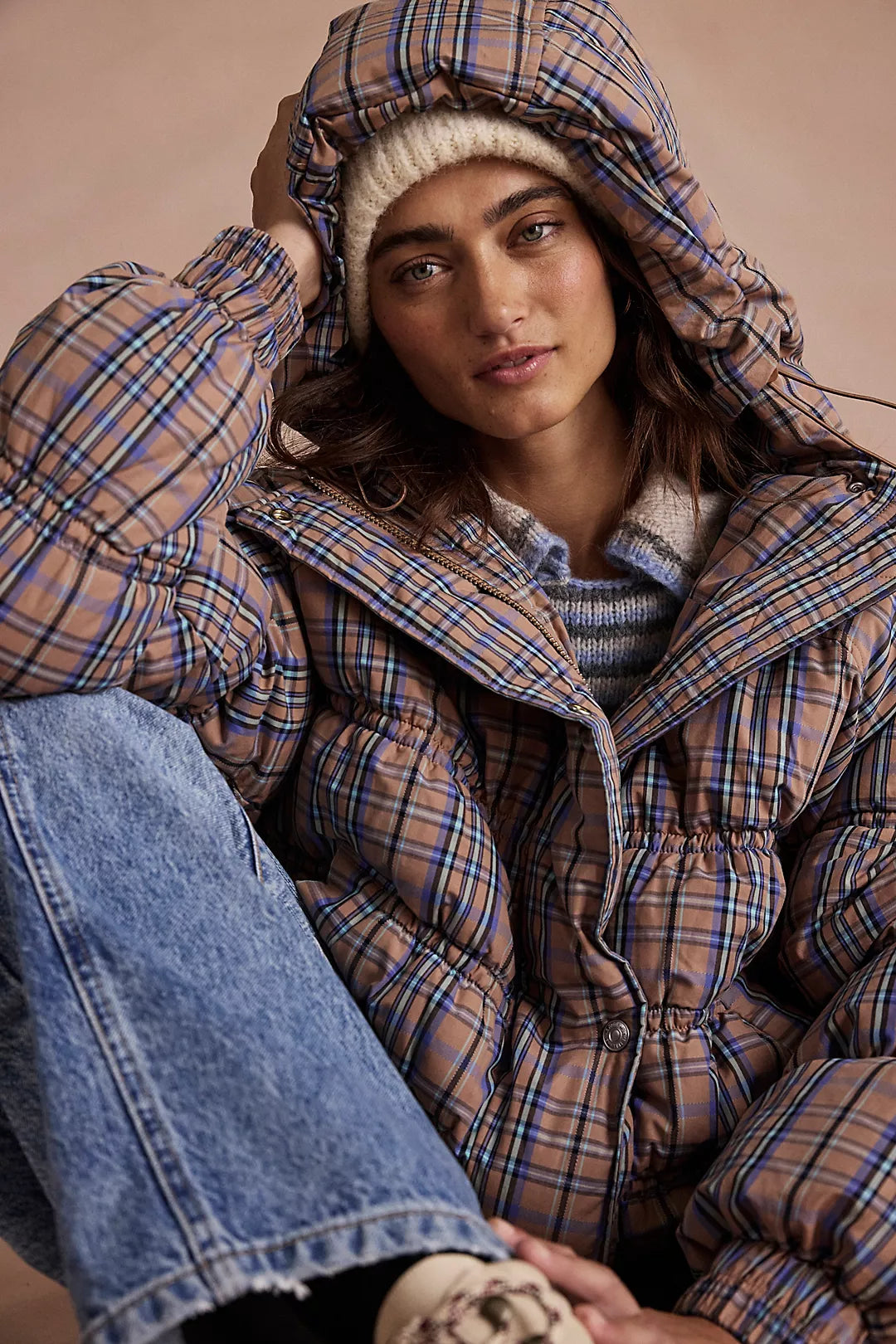 Party Of One Puffer Jacket - Tan Combo FREE PEOPLE