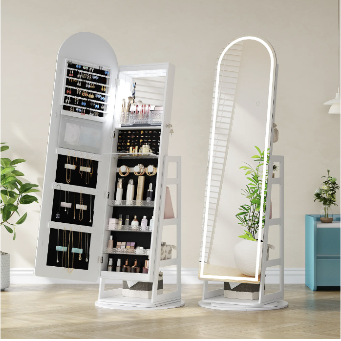 🪞360° Rotating LED Lockable Jewelry Cabinet, Modern Wood Mirror Organizer