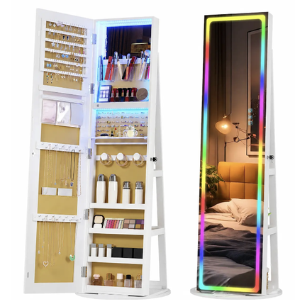 🪞360° Rotating LED Lockable Jewelry Cabinet, Modern Wood Mirror Organizer