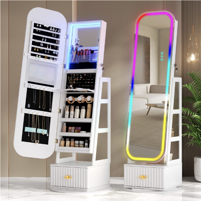 🪞360° Rotating LED Lockable Jewelry Cabinet, Modern Wood Mirror Organizer